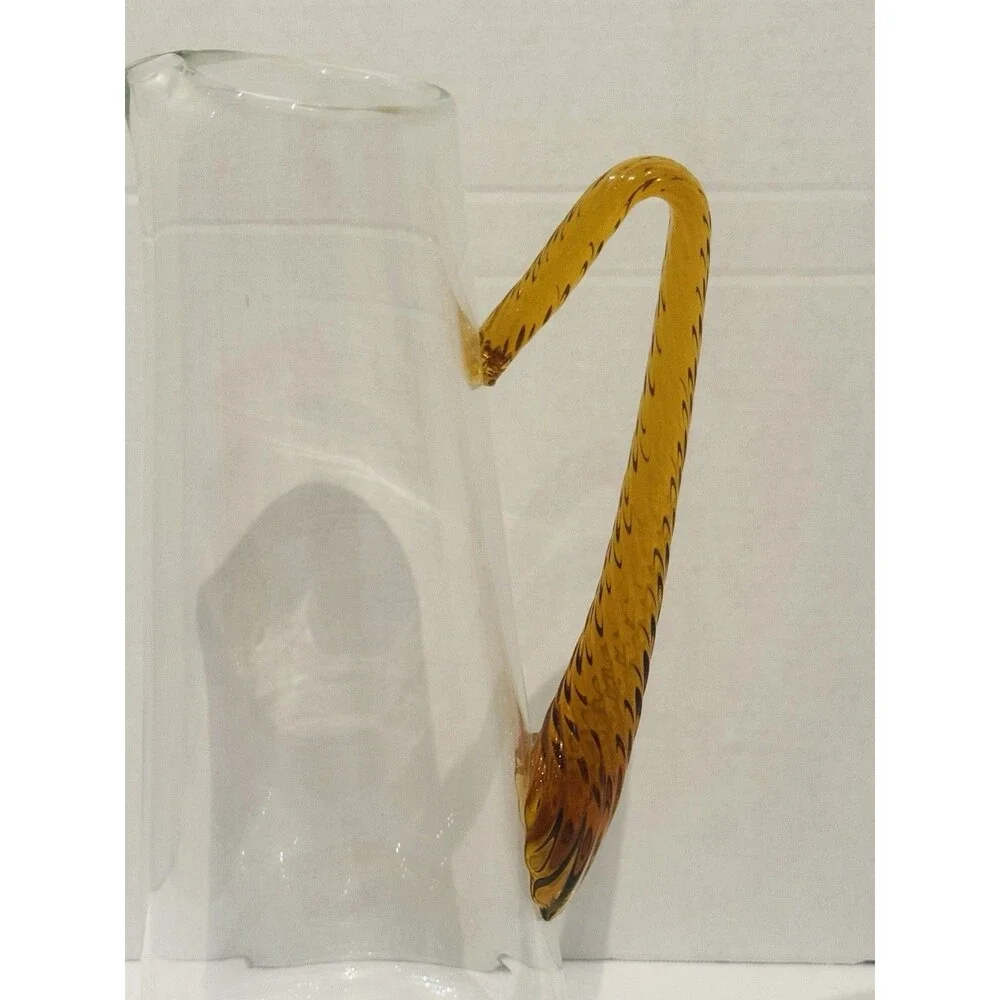 Vintage Mid Century Modern Amber Accented Blown Glass Decanter Pitcher Carafe13”